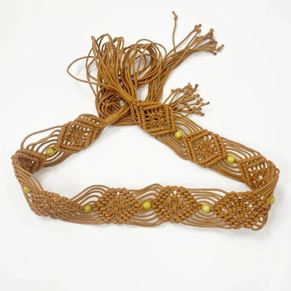 2/$30 NEW Thin Rope Belt Tie Up Bohemian Pearls Braided Dress Waistband Macrame